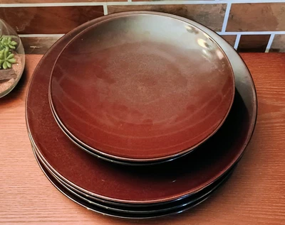 4 Crate & Barrel 11.25" Dinner & 3 Matching 8.5" Salad Plates Mahogany Brown - Image 1 of 4
