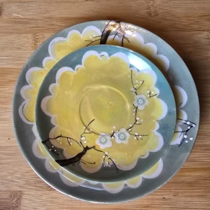 Platos de lustre vintage Takito Japón flor de cerezo pintados a mano verde amarillo - Imagen 1 de 23