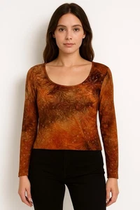 Y2K Bohemian Blouse Small Libra Bright Orange Brown Floral 90’s Whimsygoth - Foto 1 di 12