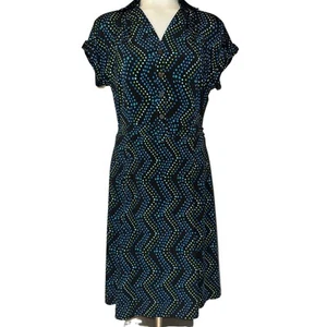 Talbots Petite Size 8 Black Dotted Print Short Sleeve Belted Collared Midi Dress - Picture 1 of 5