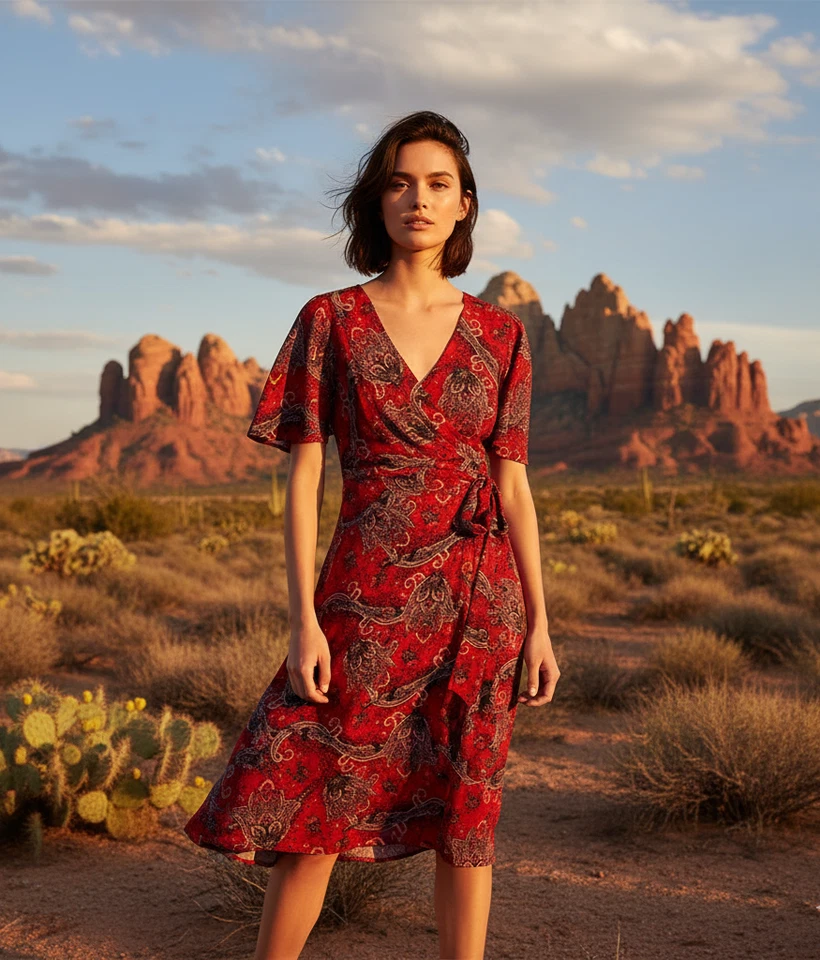 Vestido LRL Ralph Lauren Imitación Envolvente Para Mujer 16 Rojo Paisley Sobrepelliz Boho Elástico Foto 1 de 4