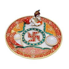 Unique Meenakari Travail Pooja Puja Chaussures Aarti Marbre Thali Plat Lot Avec