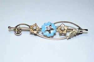 Atq 14k Rose~Yell Gold Diamond Pearl FORGET-ME-NOT Blue Enamel FLOWER BROOCH Pin - Picture 1 of 7