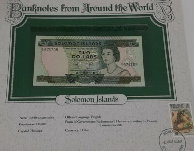 1985 Solomon Islands Two Dollar Banknote Crisp Uncirculated in Stamped Info Card - Image 1 of 3