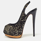 Guiseppe Zannotti Black/Gold Sequined Velvet Peep Toe Slingback Platform Pumps