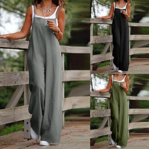 Womens Cotton Linen Jumpsuit Dungaree Baggy Loose Overalls Romper Pants Playsuit - Picture 1 of 15