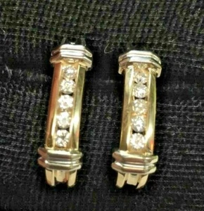 14K SOLID YELLOW GOLD w/WHITE GOLD ACCENTS .25 CT ROUND HOOK DIAMOND EARRINGS - Picture 1 of 5