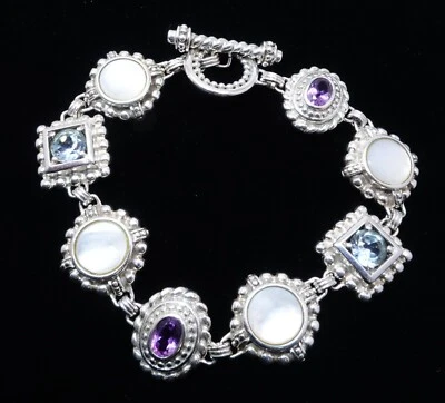 Brazalete de plata de ley amatista, topacio azul y madreperla Foto 1 de 4