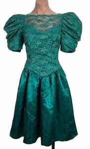 Vintage 80s Teal Lace Dress Puffy Sleeve Party Prom Cocktail Evening Short 5 - Picture 1 of 9