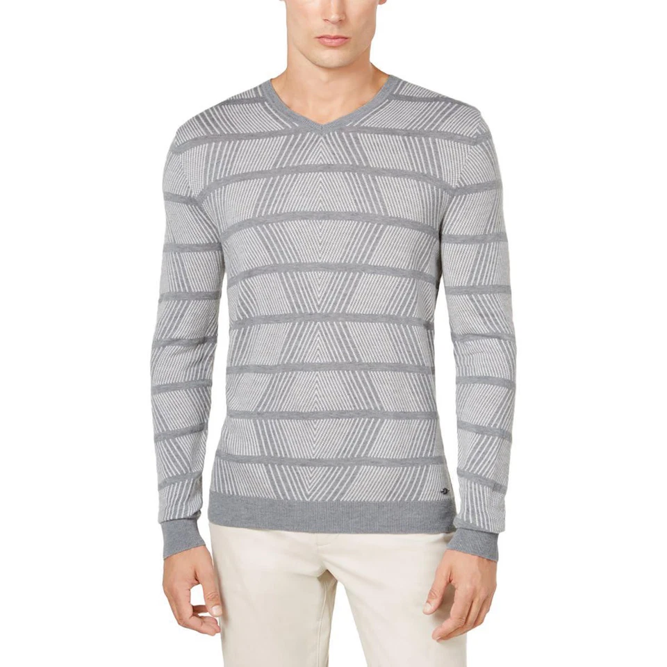 Alfani Gray Mens Size Large L V-Neck Diamond Striped Oxford Sweater #055