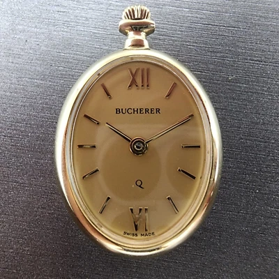 Bucherer Q Pendant Watch Women 20mm Gold Dial Gold Tone Oval New Battery - Image 1 of 4