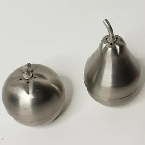 Vintage Brushed Aluminum Metal Pear & Apple Salt and Pepper Shaker Set - Picture 1 of 4