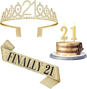 21St Birthday Decorations for Her with 21St Birthday Sash and Crown, Candles Gol - Picture 1 of 6