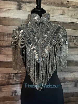 Silver Sequin Long Glass Fringe Beaded Shrug Shawl Applique Western Rodeo - Image 1 of 3