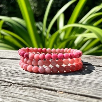 3Pcs Natural Rhodonite 4mm Beads Pink Crystal Healing Stretch Bracelet for Women - Image 1 of 4