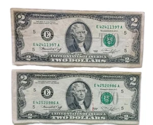 TWO 1976 $2 Bicentennial Bills, Miscut Front And Back Edges, Seal on "TW" Only - Picture 1 of 6