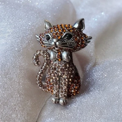Vintage Cat Brooch Brown Rhinestone Silver Tone Figural Kitten Pin - Image 1 of 4
