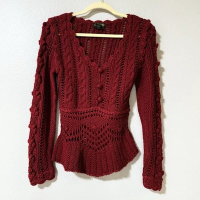Suéter Top De Colección Georgeiou Studio Para Mujer Talla S Borgoña Grueso Tejido con Cable Foto 1 de 4