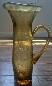 MCM Hand Blown Rainbow Art Glass Long John Pitcher Crackle Topaz Amber Yellow - Picture 1 of 10