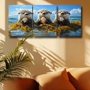 3pcs Three Lovely Otters with Shells Metal Print Ready to Hang Art - Picture 1 of 8
