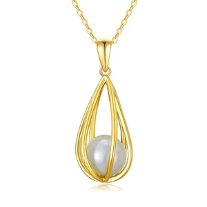 14K Solid Gold Pearl Cage Necklace for Women, Love Embrace Freshwater Pearl C... - Picture 1 of 6