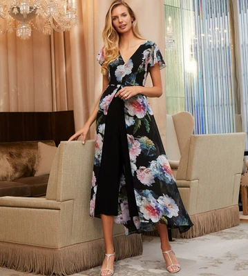 NUEVO CON ETIQUETAS $159 Mono Adrianna Papell Floral Chifón Superpuesto 4 Foto 1 de 4