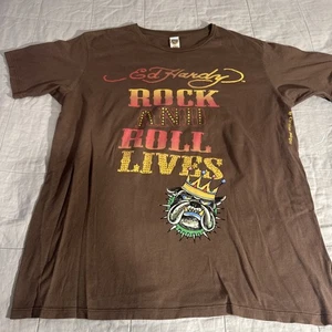 Ed Hardy Shirt Mens XXL Brown Rock And Roll Lives Bulldog Graphic USA Free Ship - Picture 1 of 8