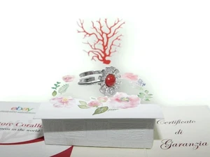 Anello in Argento 925 con Corallo da Donna Regolabile Ring e PL di Oro Bianco 18 - Foto 1 di 3