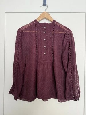 Blusa Madewell Mujer Talla L Ciruela 1/2 Botón Encaje Transparente Manga Larga Pintuck Foto 1 de 4