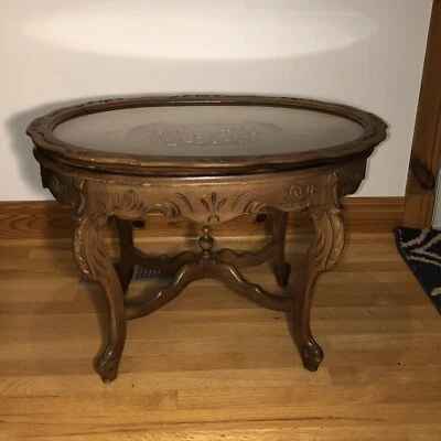 Antigua mesa tallada floral en flor de cerezo bandeja para servir cócteles café lateral Foto 1 de 4