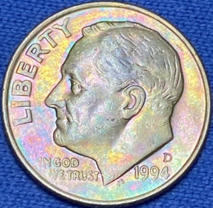 1994-D Roosevelt Dime Beautiful Brilliant Gold/Rainbow Toned Coin #5 - Picture 1 of 10