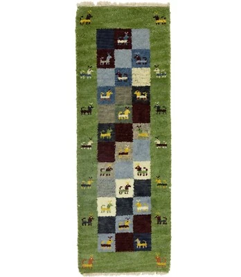 Handmade Indo-Gabbeh Oriental Rug 1'4X4 ft Modern Tribal Checker Wool Carpet - Image 1 of 4