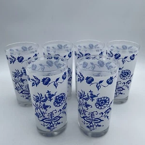 Vintage Blue Onion Tumblers Frosted White and Blue on Clear Glass Set of 6 - Picture 1 of 10