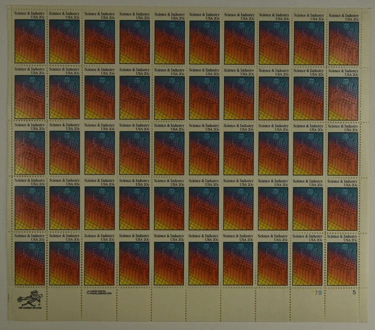 US SCOTT 2031 PANE OF 50 SCIENCE AND INDUSTRY STAMPS 20 CENT FACE MNH - Image 1 of 1