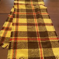 Vintage Woven Shawl Or Table Runner Yellow Brown Orange Plaid 74”x16”