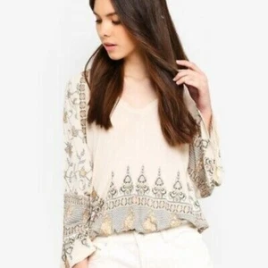 Free People Cream Boho Mandala Paisley Bell Sleeve Blouse Women’s Size S - Picture 1 of 12