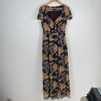 Maxi Vestido Mujer Asos Talla 12 Negro Floral Manga Corta Cuello en V 049017 Foto 1 de 4