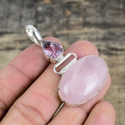 Rose Quartz & Kunzite Gemstone Handmade 925 Sterling Silver Pendant For Women - Image 1 of 4