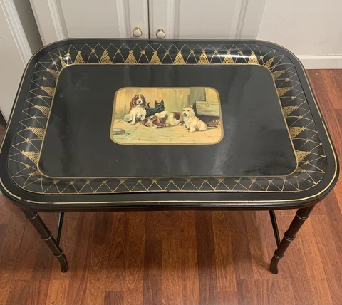 Coffee Tray Table With Hand Painted Dog Scene  Antique Cover