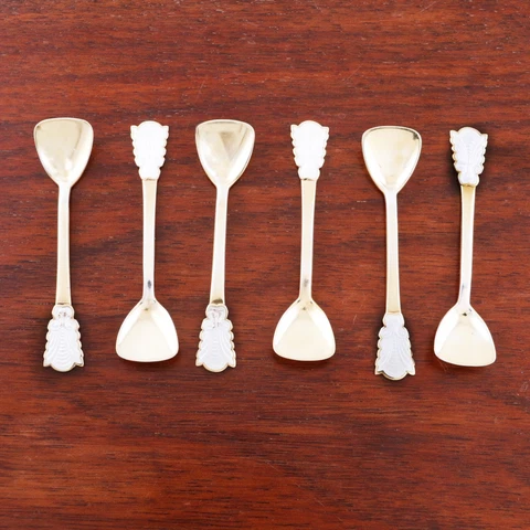 6 MAGNUS AASE NORWEGIAN MID-CENTURY MODERN 925S GILT & WHITE ENAMEL SALT SPOONS Cover