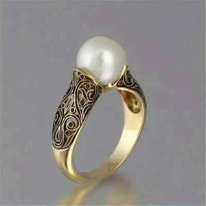 Imitation Pearl Ring For Women Vintage Hollow Flower Design Gold Tone Band - Picture 1 of 7