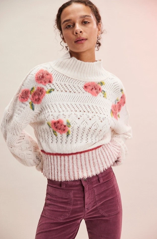 Suéter Suéter Free People Inge Tejido Floral Recortado Acanalado Marfil Rosa XS NUEVO Foto 1 de 4