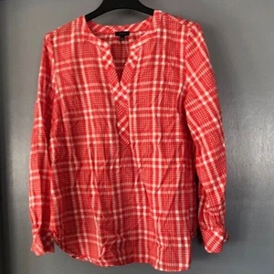Blusa Top Talbots Para Mujer L Grande Naranja A Cuadros Mangas Largas Cuello en V - Imagen 1 de 6