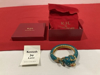 KJL Kenneth Jay Lane TEAL RAJ ELEPHANT BANGLE Hinged Bracelet 6.5" NEW IN BOX - Image 1 of 4