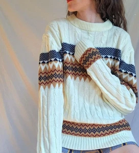 1970s Vintage Mens Ski Sweater: 70s Cable Knit, Fair Isle, JCPenney Mens Shop, M - Picture 1 of 10