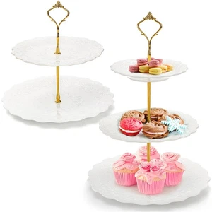 2er Set Porzellan Stufen Cupcake Ständer, weiß geprägt Dessert Ständer mit Go... - Bild 1 von 8