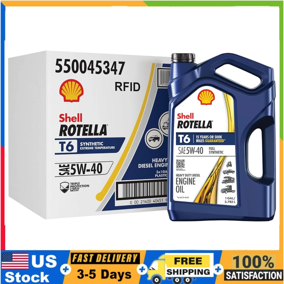 Óleo de motor Shell Rotella T6 totalmente sintético 5W-40, 1 gal (pacote com 3) – Frete grátis - Imagem 1 de 4