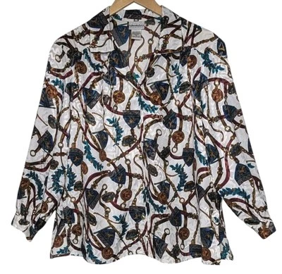 Блузка галантерейная Leslie Fay 14 винтажная с королевским гербом щиты конная тема - Изображение 1 из 4