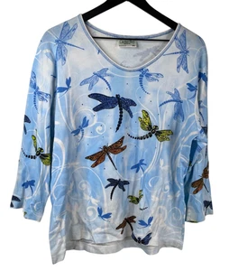 Cactus Bay Top Women's Blue Size XXL 3/4 Sleeves Dragonfly Rhinestones Bling - Picture 1 of 11