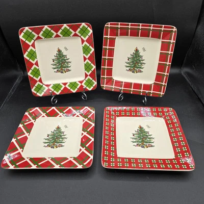 Set of 4 SPODE Christmas Tree TARTAN Collection Canape Plates 7" inch SQUARE - Image 1 of 4